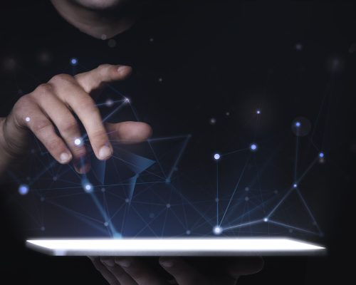 Man using digital tablet psd mockup smart technology Man using digital tablet psd mockup smart technology